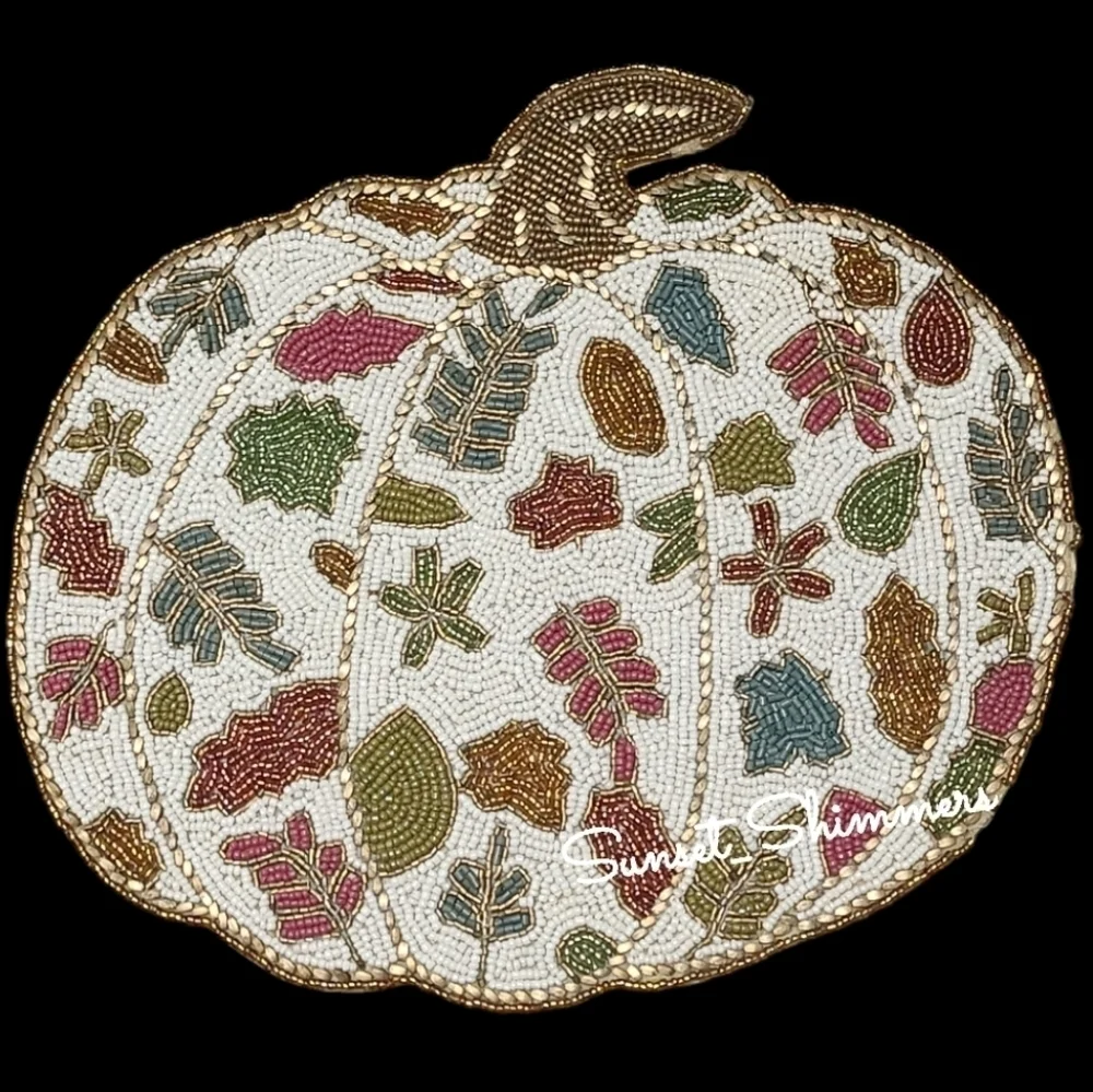 x4 Tahari Beaded Fall Leaf White Pumpkin Thanksgiving Placemat Chargers Set New